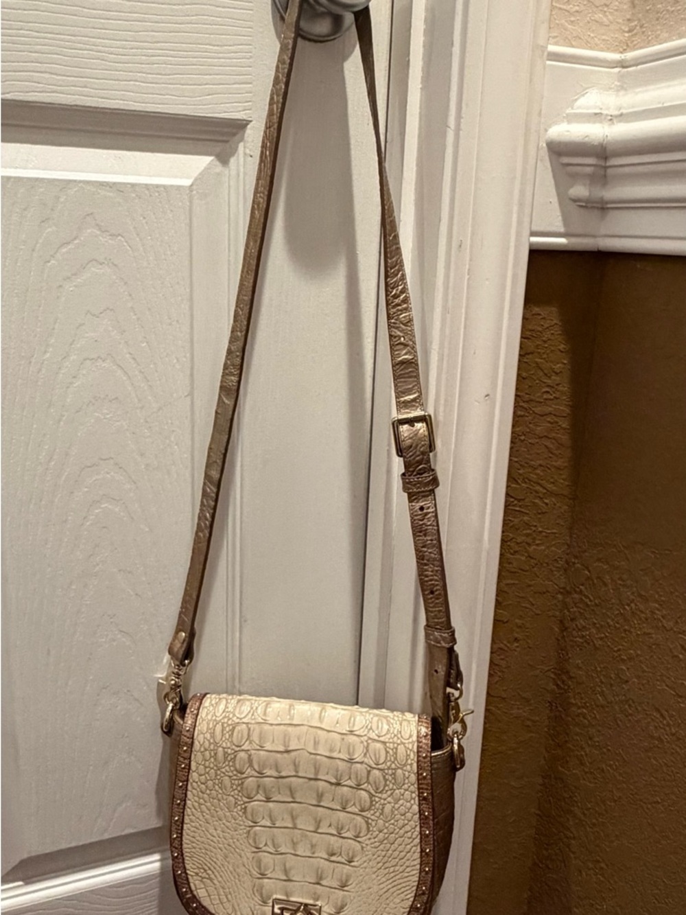Brahmin Cream Croc-Embossed Crossbody with Brown Trim and Strap